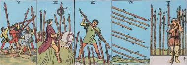 Facing difficulties can make you afraid and want to give up but if you overcome them, you will gain inner strength and optimism. Tarot Cards 5 6 7 8 And 9 Of Wands Taking A Stand Thelilystonequarry Com