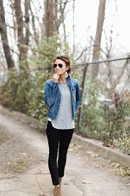 Womens Black And Blue Denim Jacket Ankle Boots Black Pants Denim Jacket Gray Tee Casual Basics Outfit Inspiration Street Style Outfit Of Th Denim Jacket Fashion Denim Jacket Women Fashion