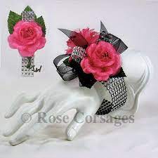 Fuchsia Pink Satin Fabric Rose Floral Bracelet Corsage Combo Floral Corsage Prom Corsage And Boutonniere Set