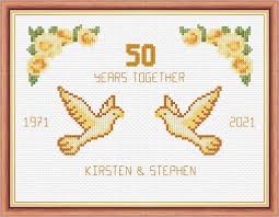 Golden wedding anniversary cross stitch kits to celebrate 50 years of marriage (images are not to scale) showing all 12 results. Doves Roses 50th Golden Wedding Anniversary 1971 2021 14 Count Cross Stitch Sampler Kit