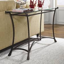 Glass top with mango wood shelf. Hammary Sutton T30026 T3002689 00r Contemporary Metal Sofa Table With Glass Top Upper Room Home Furnishings Sofa Tables Consoles
