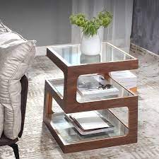 Modern Glass Side Table With 3 Tiers S Shaped End Table In Walnut Modern Side Table Design Living Room Side Table Modern Side Table