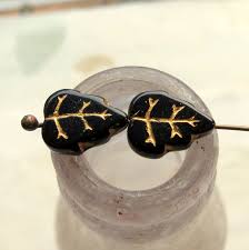 GOLDEN BLACK LEAVES . 10 Czech Metallic Glass Leaf Beads . 12 by 10 Mm .  Supplies for Jewelry Making