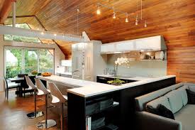 kitchen with wooden walls and ceiling