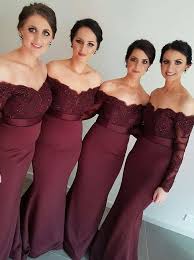 Bridesmaid Dress Mermaid Dark Red Off Shoulder Appliques Satin Long Beads Bridesmaid Gowns Maroon Bridesmaid Dresses Long Sleeve Bridesmaid Dress Maroon Bridesmaid