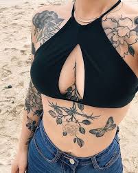 Black Top Jeans Flowers Rose Butterflies Girl Chest Tattoos Beach Sand Chest Tattoos For Women Butterfly Tattoos For Women Chest Tattoo