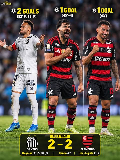 🔥 SANTOS 2–2 FLAMENGO! 🇧🇷⚽ 🐐 Neymar scores 2 penalties (82', 88') to  rescue Santos! 💥 Danilo (43') and Lucas Paquetá (45'+4') score for Flamengo.  #Neymar #SantosFC #Flamengo #LucasPaqueta #Danilo
