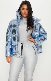 Blue Metallic Puffer Prettylittlething Usa Blue Puffer Jacket Fashion Shiny Jacket