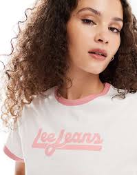 Lee ringer t-shirt in white and pink