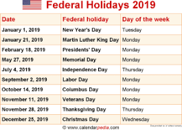 Federal Holidays 2019 Federal Holiday Calendar National Holiday Calendar Holiday Calendar Printable