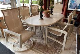 Outdoor Dining Set By Casual Creations Six Foot Table With Tessellated Marble Top And 6 Slingback Chairs 2 Are Swive Sell Used Furniture Furniture Home Decor