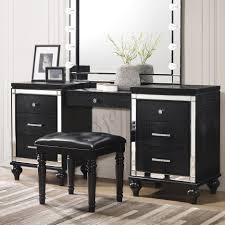 The silver embossed finish and mirror trim give each piece a glitzy look, while led lighting in the upholstered headboard and dresser mirror. New Classic Valentino 7 Drawer Vanity Desk With Mirrored Trim H L Stephens Vanities Vanity Sets