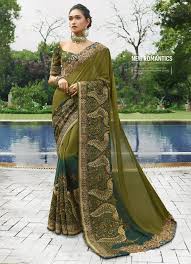 Olive Green Teal Heavy Embroidered Stones Work Georgette Saree Unstitched Blouse Sarees Saree Sari Designersarees Des Saree Designs Saree Saree Wedding