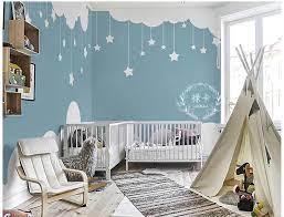 Lovely Simple Kids Nursery Clouds Wallpaper Wall Mural Two Lovely Clouds With Hanging Stars Kids Children Boy Girl Wall Mural Kids Room Wall Decor Girls Wall Mural Baby Room Decor