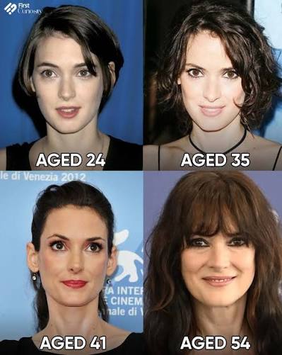 Winona Ryder, from her early breakout years to her powerful, graceful  present. Same eyes, same aura, just more confidence, experience, and  main-character energy with every era.