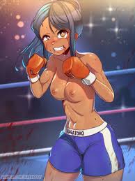 kagato007, nagatoro hayase, ijiranaide nagatoro-san, commentary, english  commentary, highres, 1girl, artist name, black hair, blood, blood on face,  blue shorts, boxing gloves, boxing ring, boxing shorts, breasts, bright  pupils, brown eyes, character