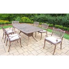 Oakland Living Elite 7 Piece Aluminum Outdoor Dining Set With Oatmeal Cushions Outdoor Deck Furniture Patio Furniture Sets Patio Design