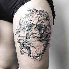 Engraving Style Black Ink Thigh Tattoo Fo Cute Fox With Night Sky And Flowers Tattoos Thigh Tattoo Animal Tattoos