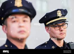 San Francisco police captain Chris Canning (right) listens to another  officer outside the Tenderloin Police Station