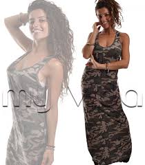 Volant davanti che continuano sulla schiena. Abito Donna Lungo Canotta Mimetico Camouflage Militare My Vida