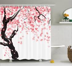 Japanese Decor Shower Curtain Set Japanese Cherry Tree Blossom In Watercolor Painting Effect Pink Shower Curtains Fabric Shower Curtains Flower Shower Curtain