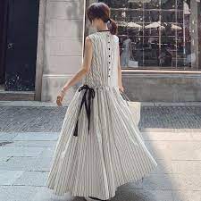homefashionwe ノースリーブマキシ丈ギャザー丸ネックレディースファッションプルオーバー大人ストライプ柄大振り子ワンピース 24201816 人気 特集 homefashionwe com pakaian islami pakaian desain