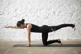 Is the donkey kick good for your glutes? Young Yogi Attractive Woman Practicing Yoga Concept Standing In Donkey Kick Exercise Bird Dog Pose Working Out Wearing Sportswear Black Tank Top And Pants Full Length White Loft Background Stock Photo Picture