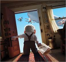 Up is a 2009 film about an old man named carl fredricksen and a young wilderness explorer named russell who fly to south america in a floating house suspended from helium balloons in order to fulfill a promise to carl's late wife. From Pixar The House That Soared The New York Times
