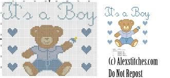Baby Bear With Jeans It S A Boy Birth Record Cross Stitch Pattern Free Cross Stitch Patterns By Alex
