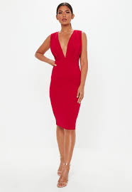 Red Plunge Gathered Midi Dress Midi Ruffle Dress Women Dress Online Midi Dress Bodycon