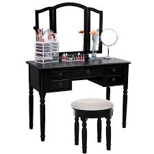 Amazon Com Songmics Vanity Set Tri Folding Mirror Make Up Dressing Table Cushioned Stool 5 Drawer Shabby Chic Vanity Table Vanity Table Set Black Vanity Desk