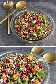 Vegan Moroccan Spiced Roasted Pumpkin And Quinoa Salad Topped With Pomegranate Easy Vegetable Side Dish Recipes Easy Green Salad Recipes Vegan Recipes Healthy