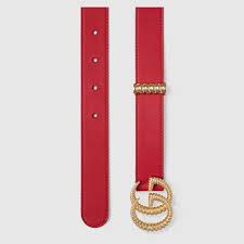 Hibiscus Red Leather Belt With Torchon Double G Buckle