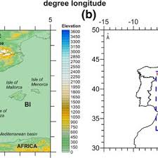 a Terrain map of the Iberian Peninsula (IP) and the Balearic Islands...