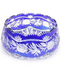 A very beautiful european cobalt blue and clear crystal bowl in the style of bohemian crystal from luxury brand moser. Lot Art Vintage Lausitzer Handcut Cobalt Blue Crystal Bowl