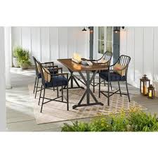 Chic teak orleans rectangular teak bar height extension 9 piece patio dining set. Stylewell Bedford Farmhouse 5 Piece Steel Rectangle Balcony Height Outdoor Patio Dining Set With Blue Cushions Fm 18168 The Home Depot