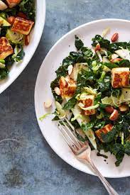 Kale And Brussels Sprouts Salad With Pear And Halloumi Recipe Recipe Brussel Sprout Salad Halloumi Sprouts Salad