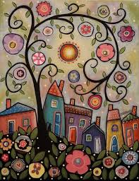 Collage Tree Village 11x14 Original Canvas Painting Houses Folk Art Karla Gerard 11x14 Art Canvas Whimsical Art Original Canvas Painting Art Painting