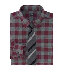 Black And Grey Flannel Mens Fall Flannel Burgundy Shirt With Grey And Black Striped Necktie