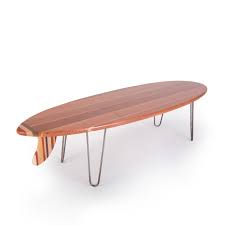 This coffee table includes (4) 16 hairpin black hairpin legs and stands 17 1/2 inches tall. Surfboard Coffee Table Redwood Groundswell Supply