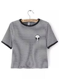 Black And White Striped Top Short Sleeve Black And White Striped Alien Pattern Print Short Sleeve Cropped T Shirt Print Clothes Ladies Tee Shirts Alien Shirt