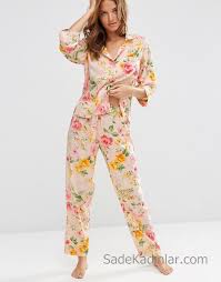 Saten Pijama Takimlari Yavruagzi Yetim Kol Yakali Cicek Desenli Tasarimci Giyim Moda Stilleri Pijama
