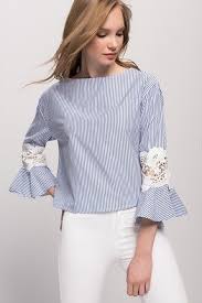Kadin Mavi Kolu Dantelli Cizgili Bluz Kadin Kiyafetleri Moda Stilleri Trendler