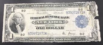 1914 Large Federal Reserve Bank National Currency New York One Bank Notes Federal Reserve Note Currency Note