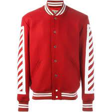 Off White Logo Print Bomber Jacket 1 138 Liked On Polyvore Featuring Men S Fashion Men S Clot White Bomber Jacket Printed Bomber Jacket Red Bomber Jacket