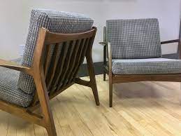 Solid walnut frame with sled base and lattice back, cushions in amazing vintage gold tweed. Pair Of Danish Lounge Chairs By Ib Kofod Larsen For Selig Vintage Mcm Chairs Chaises For Sale Sweet Modern Akron Oh