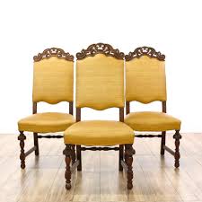 This Set Of 3 Spanish Revival Style Dining Chairs Are Featured In A Solid Wood With A Glossy Cherry Finish These Europe Gold Dining Chairs Dining Chairs Chair