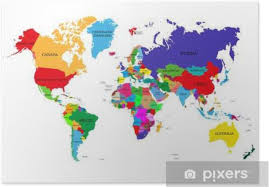 Ihr eigenes heimatland erkennen wohl die meisten auf anhieb allein anhand seiner form, schließlich bekommt man diese schon zu schulzeiten oft genug zu sehen. Poster Farbige Politische Weltkarte Mit Den Namen Von Souveranen Staaten Und Grosseren Abhangigen Gebieten Verschiedene Farben Fur Die Einzelnen Lander Pixers Wir Leben Um Zu Verandern