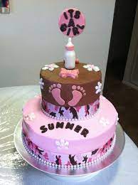 Brown Pink Baby Shower Cake With Camo Ribbon Footprints Pink Baby Shower Cake Baby Boy Cupcakes Baby Shower Cakes