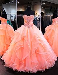 Ball Gown Sweetheart Coral Satin Organza Ruffle Puffy Quinceanera Prom Dress Puffy Prom Dresses Quincenera Dresses Quince Dresses